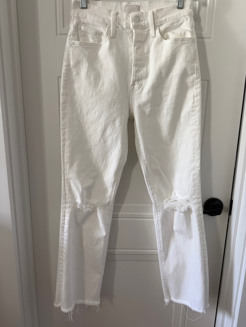 MOTHER White The Tripper Ankle Fray Jeans with Knee Distressing